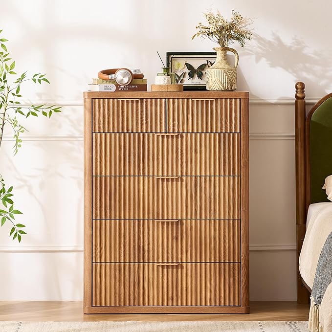 LEYAOYAO Fluted 6 Drawers Dresser for Bedroom Set of 2, 42" Tall Modern Chest of Drawers with Metal Handle, Curved Profile Design,Brown Wood Drawer Organizer for Bedroom, Living Room, Hallway