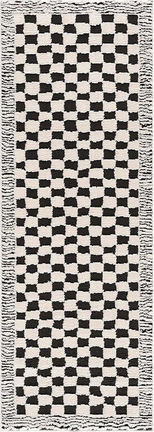 Hauteloom Leryn Contemporary Checkered Area Rug - Modern Geometric Bordered Carpet for Living Room, Bedroom - Checkboard Design - Square Tiles - High Pile - Black and White - 7'10" x 10' (8x10)