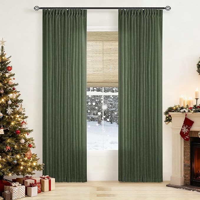 Olive Green Linen Pinch Pleated Curtains 84 Inches Long 2 Panels for Living Room Bedroom Linen Pleated Hooks Rings Back Tab Light Filtering Loden Moss Green Farmhouse Drapes 84 Inch Length