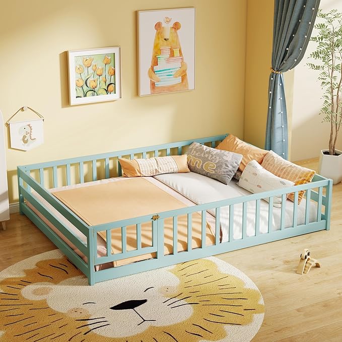 KOMFOTT Full Size Wood Floor Bed with Door & Fence, Montessori Bed Frame with Full Length Safety Guardrails, Door & Latch, Wooden Montessori Floor Bed for Kids, Girls, Boys (Full,Green)