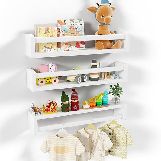 Heimlove Nursery Floating Shelves, Solid Wood Nursery Book Shelves for Wall, 24 inch Bookshelf for Kids, Wall Mounted Shelves for Books,Toys and Decor Storage, Set of 3 (White)