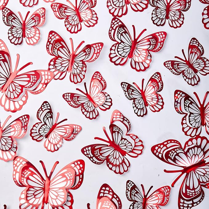 36PCS Butterfly Wall Decals - 3D Butterflies Wall Stickers Removable Mural Decor Wall Stickers Decals Home Decor Kids Room Bedroom Decor Living Room Decor (Red)
