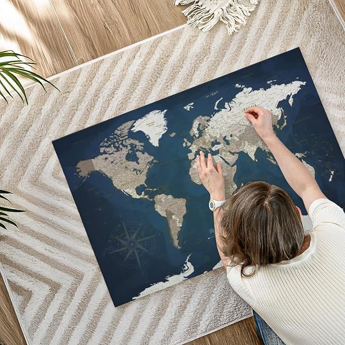 ElephantStock - My World Adventures Push Pin Travel Map I Wall Art - Horizontal Canvas Wall Art - Living Room Wall Decor - Printmaking Map Canvas Art - Blue And Beige Decor - 39" x 26"