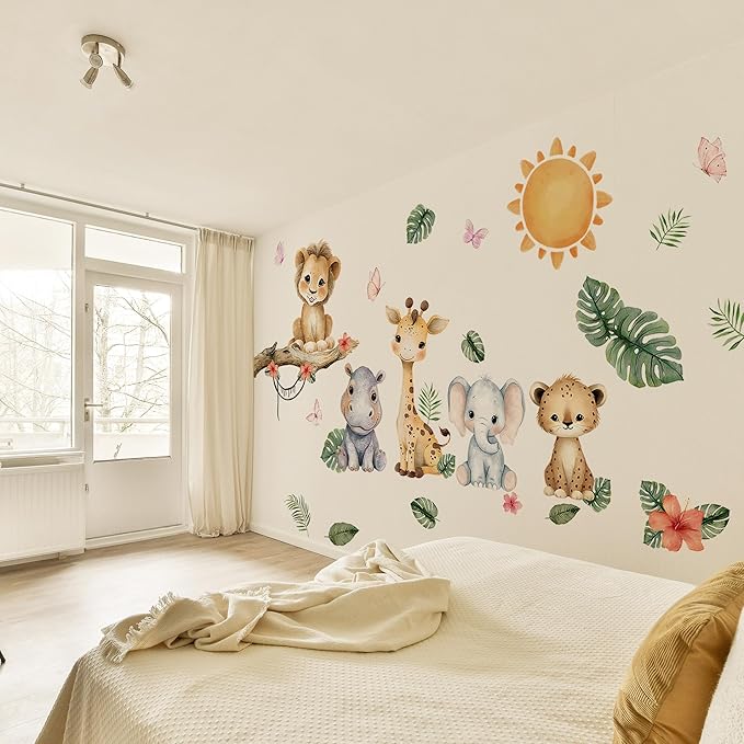Animal Wall Decals,Animals Giraffe Lion Theme Art Wall Sticker Decors,Peel and Stick Elephants Giraffe Lion Decals for Kids Bedroom Nursery Playroom Library Living Room and Bedroom Decor