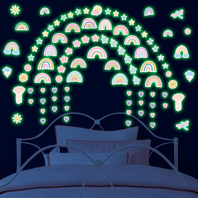 Rainbow Wall Decal Glow in The Dark, Small Watercolor Heart Star Flower Stickers for Girls Room, Kids Boys Baby Nursery Decor
