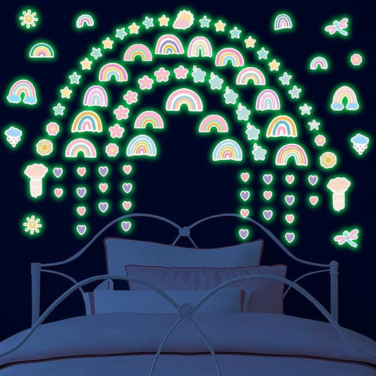 Rainbow Wall Decal Glow in The Dark, Small Watercolor Heart Star Flower Stickers for Girls Room, Kids Boys Baby Nursery Decor