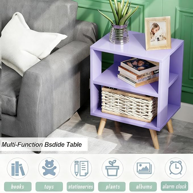 Night Stand, Purple Kids Nightstand, Modern End Table with Open Storage, 2-Tier Nursery Bedside Table for Small Space, Living Room, Bedroom