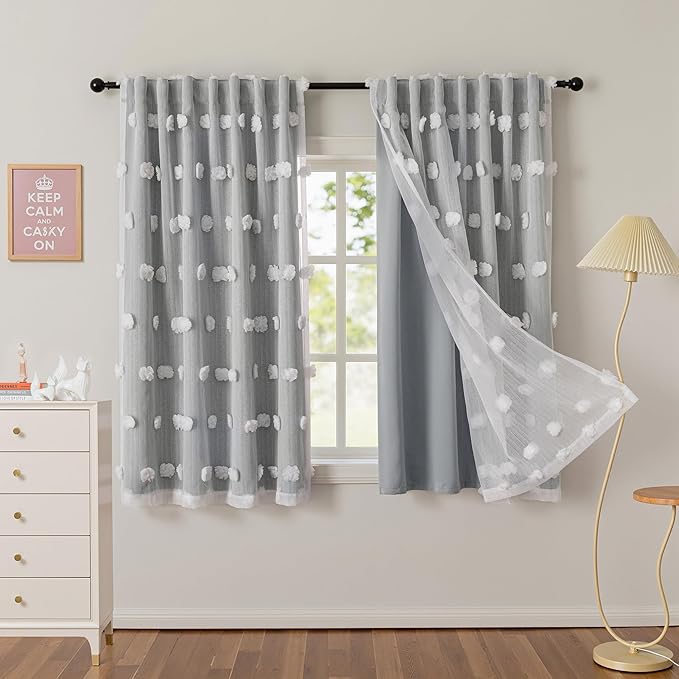 MYSKY HOME Grey Blackout Curtains for Kids Room Boys Bedroom 63 Inch Long Double Layer Curtain with White Pom Pom Sheer for Dining Room Back Tab Room Darkening Window Drapes 2 Panels, 52 x 63 in