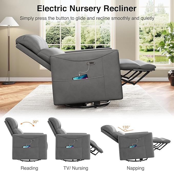 Power Swivel Rocker Recliner, 360° Swivel Nursery Rocking Chair, PU Leather Glider Rocking Recliner, Infinite Position Electric Chair for Adults with USB Port for Living Room, Dark Gray