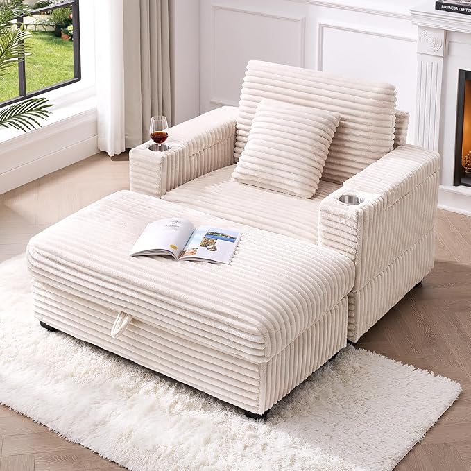 ONBRILL Corduroy Oversized Chair with Ottoman, 44" Wide Armchair with Cup Holders & USB Port, Reading Chair w/Storage Armrest, Easy Assembly, Comfy Single Sofa Bed for Living Room, Apartment, Beige