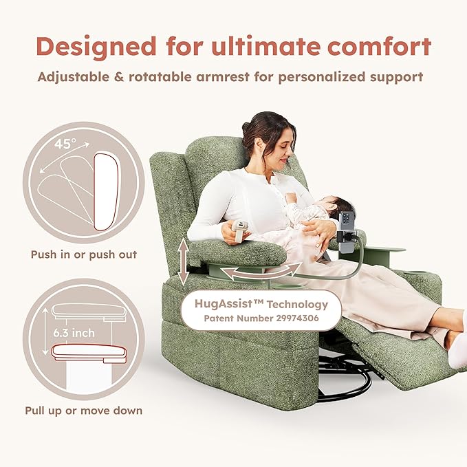 MAMAZING Oversized Rocking Chair Nursery with Adjustable Armrests, Electric Glider Recliner Nursing Chair for Breastfeeding, Power Swivel Recliner Chairs, Oeko-TEX & FSC Certified (Moss Green, Fabric)