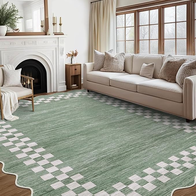 GarveeHome Scalloped Washable Rug 9x12 Area Rug for Living Room Modern Border Large Bedroom Throw Carpet with Rubber Backing Stain Resistant Boho Rug for Dining Room Home Decor Office, Green