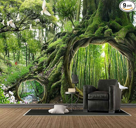 Fantasy Forest Landscape Wall Mural Wallpaper Bamboo and Stream Wallpaper for Bedroom Living Room TV Background Sofa Wall (not self-Adhesive)