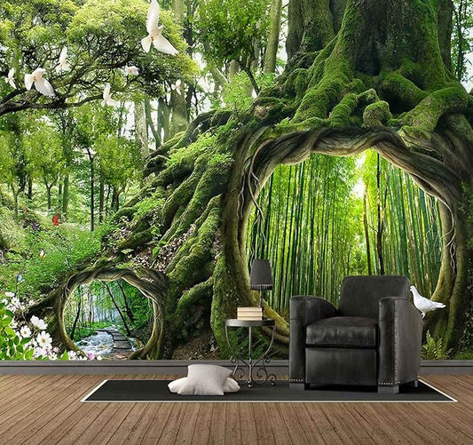 Fantasy Forest Landscape Wall Mural Wallpaper Bamboo and Stream Wallpaper for Bedroom Living Room TV Background Sofa Wall (not self-Adhesive)