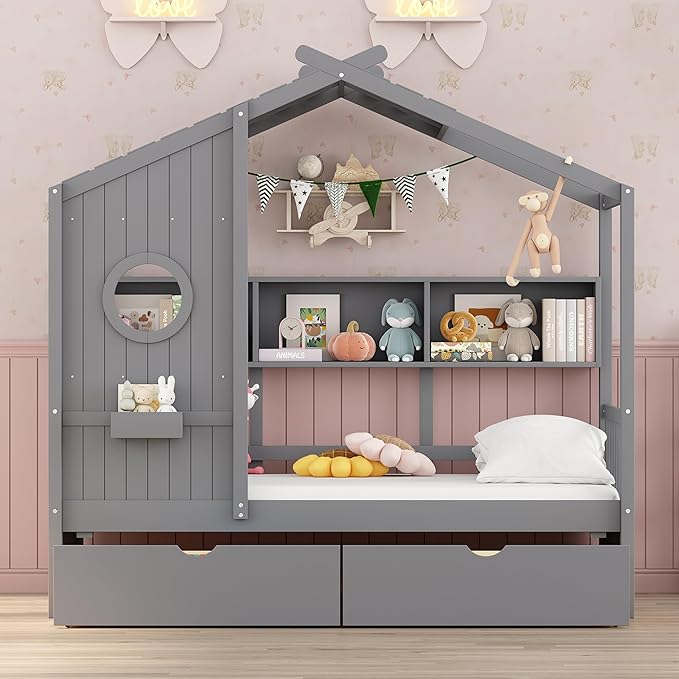 Bellemave Twin Size House Bed with Storage Drawers,Kids House Bed Frame with Shelves,Cute Wood House Bed Twin with Roof for Kids,Girls,Boys,Gray