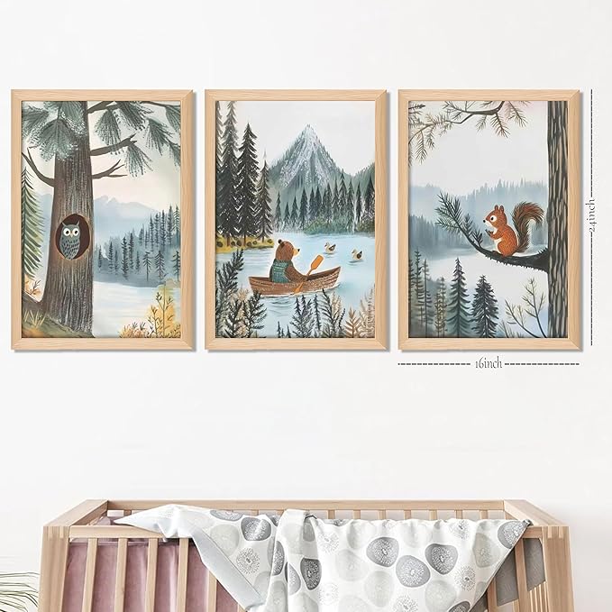 Framed Cute Animals Wall Art Set of 3, Woodland Bear Canoe Adventure Nursery Decor, Owl Squirrel Kids Room Pictures Prints, Wild Animals Canvas Wall Decor for Baby Room Decor – 16x24 inch