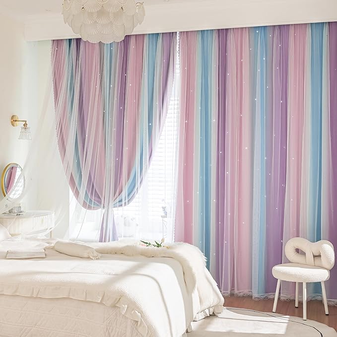 XiDi Curtains 63 Inch Length for Girls Bedroom Kids Blackout Curtains Rainbow Cute Colorful Unicorn Princess Theme Home Decor Living Room Darkening Grommet Drapes, Pink/Purple W52 X L63 2 Panels Set