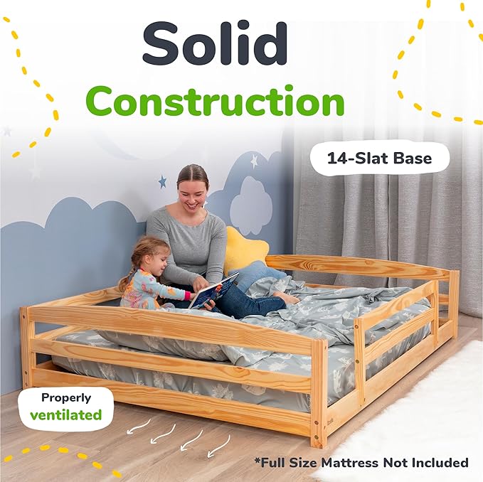 Ocodile Full Size Montessori Floor Bed for Kids - Strong Slatted Bed Frame with Full Rails - Ideal for Little Girls and Boys - Varnished