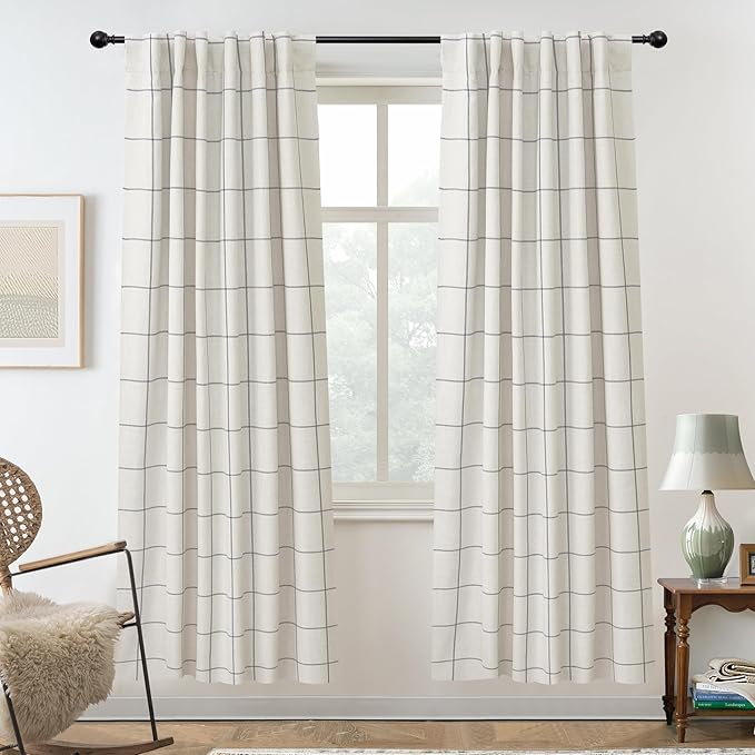 DriftAway 2 Panels 100% Blackout Windowpane Plaid Linen Curtains Double Layer Drapes for Bedroom 72 Inches Long Farmhouse Thermal Insulated 3.25 Inch Rod Pocket Back Tab for Living Room Gray
