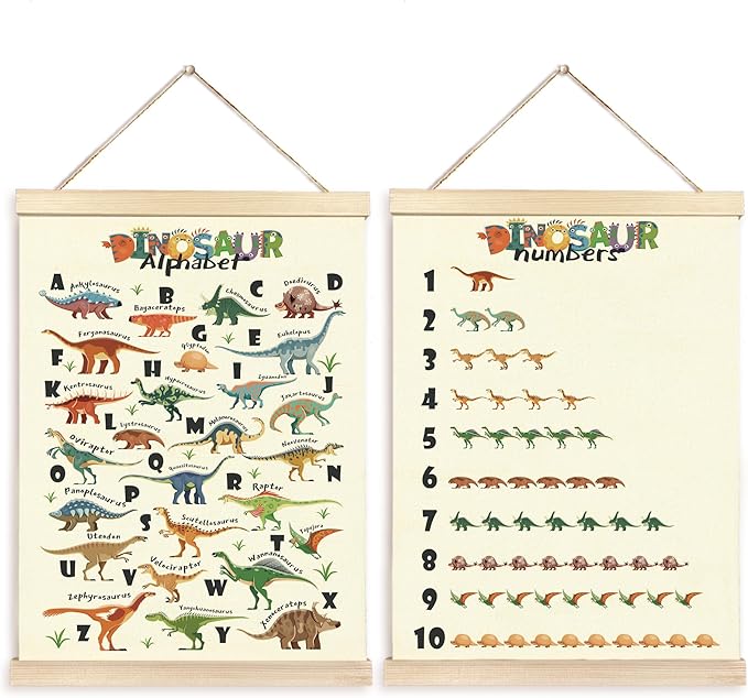 CGBHW Educational Dinosaur Alphabet Numbers Poster Hanger Frame Set of 2 12x16, Dino Species Construction Learning Posters Wall Art Hanging Decor for Toddler Boy Kids Room Playroom Nursery