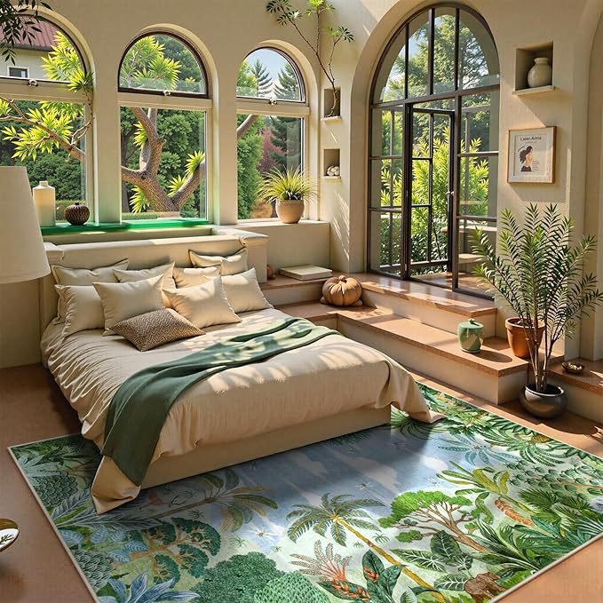 Lahome Summer Jungle Green 8x10 Rugs for Living Room Bedroom Large Washable Area Rug, Stain Resistant Forest Dining Room Carpet Non Slip Non Shedding Indoor Carpet for Playroom Office Classroom Decor