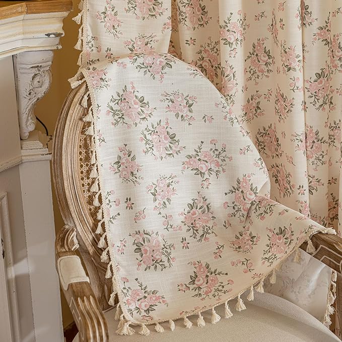 OYX Pink Boho Floral Curtains 96 Inch Long 2panels, French Vintage Farmhouse Patterned Decor Window Drapes with Tassels, Girls Semi-Sheer Light Filtering for Bedroom Living Room (Rod Pocket, 52Wx96L)