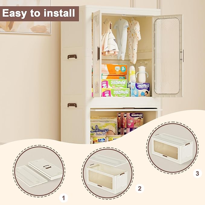 Portable Wardrobe Closet with Drawers, Magnetic Doors, 4 Cubes & Hanging Rod, 10 Hangers, Large Foldable Armoire for Clothes Storage, Wardrobe Storage Cabinet for Families, Baby, Easy Assembly