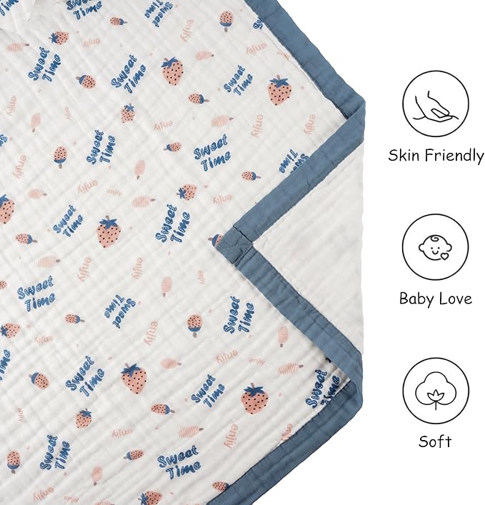 Muslin Baby Blankets, Nursery Blankets for Boys Girls, Swaddle Blankets Neutral Soft Lightweight Toddler and Kids Throw Blankets (Strawberry)