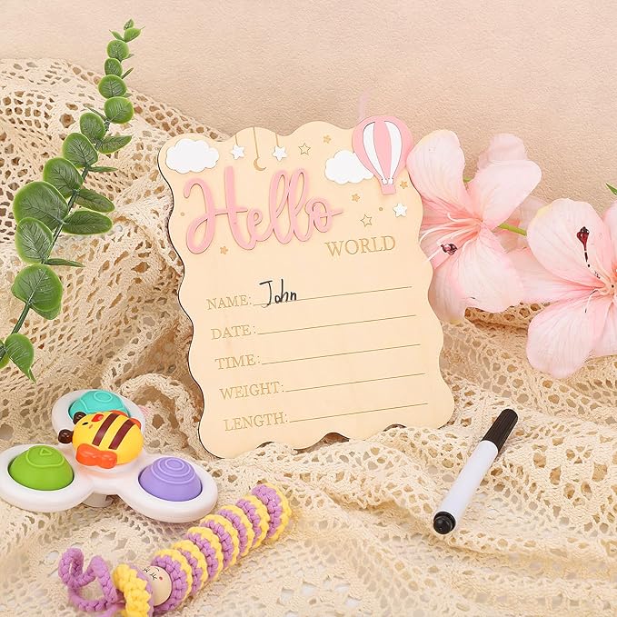 Baby Announcement Sign,Wooden Hello World Newborn Signs Birth Announcement Sign and Pen for Baby Shower Hospital Nursery Newborn Boys and Girls (Pink)