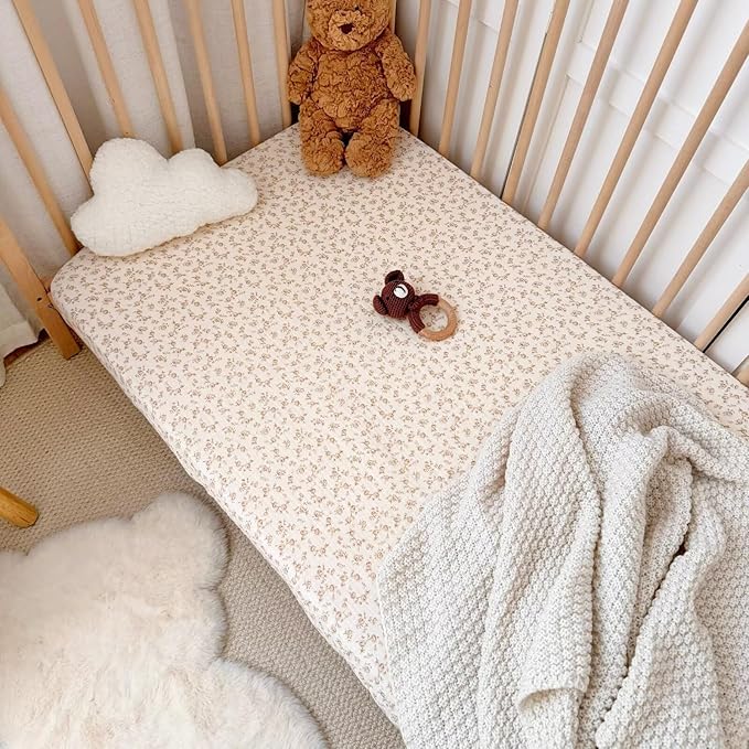 BuLuTu 100% Cotton Fitted Baby Bed Sheets Set of 2, Soft Breathable Muslin Crib Sheets for Standard Crib Mattress Toddler Mattress 52"x28", Machine Washable, Beige & Camellia