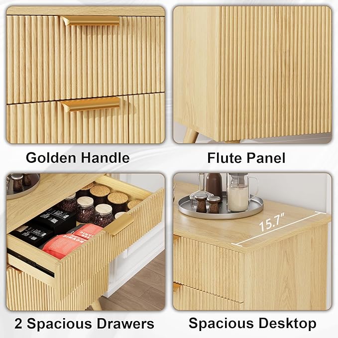 47" Buffet Cabinet with Storage, Natural Wood Fluted Sideboard with Drawers 3 Doors & Adjustable Shelves, Modern Accent Storage Cabinet Console Table for Living Room, Hallway, Entryway