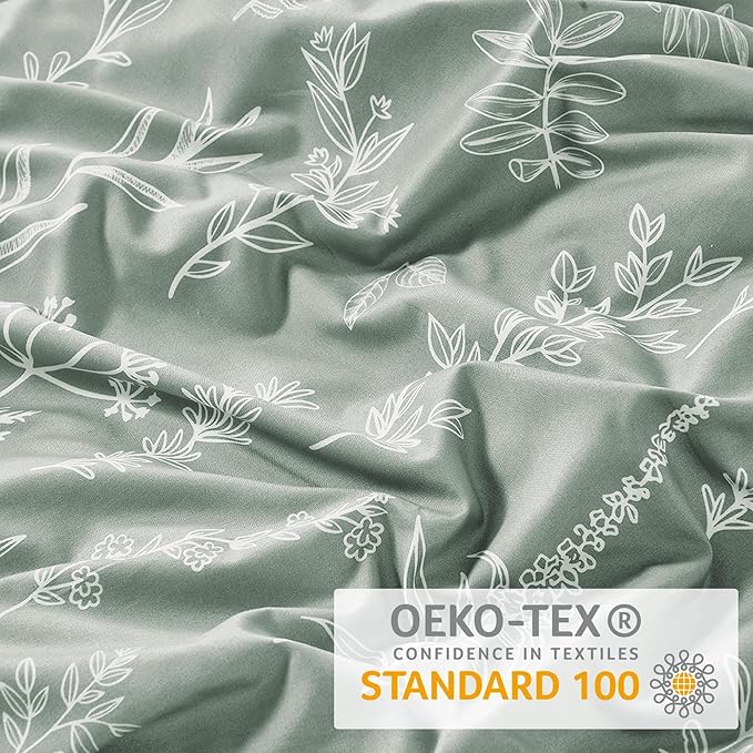 MUXHOMO Duvet Cover King Size, Reversible Floral Green Duvet Cover Set with Zipper Closure, 3 Pieces Botanical Patterns Soft Microfiber Bedding Set (90"x104", 2 Pillow Cases 20"×36")