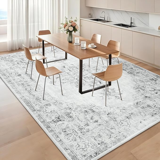 Area Rug 5x7, Washable Rug for Living Room, Large Area Rugs for Bedroom, Vintage Rug 5x7 for Dining Room, Non Slip Soft Low Pile Indoor Carpet for Kitchen, Nursery, Office, Farmhouse, Light Grey
