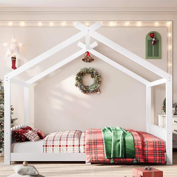 Queen Size Wooden House Floor Bed - Kids Bed Frame with Roof & Support Slats for Bedroom, No Box Spring Needed, Easy Assembly (White)