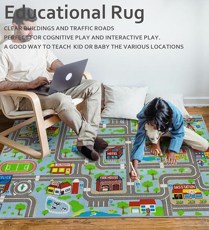 Kids Carpet Playmat Rug 5'2''x3'3'', Kids Rugs for Bedroom, Non-Slip Town City Road Map Car Rugs for Kids Toy Cars, Track Carpet Play Rug for Playroom Classroom Decor (Sky Blue)