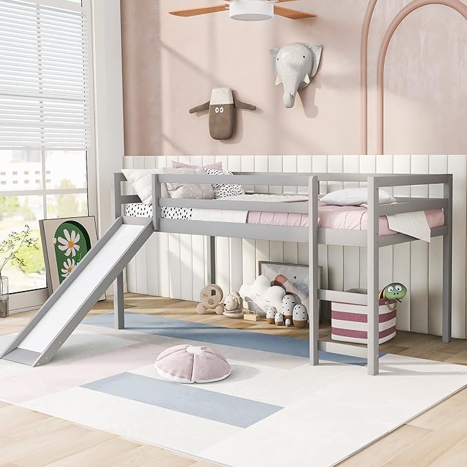Loft Twin Bed Frame for Boys Girls Kids Toddler with Slide, Multifunctional Design, Twin (Gray)