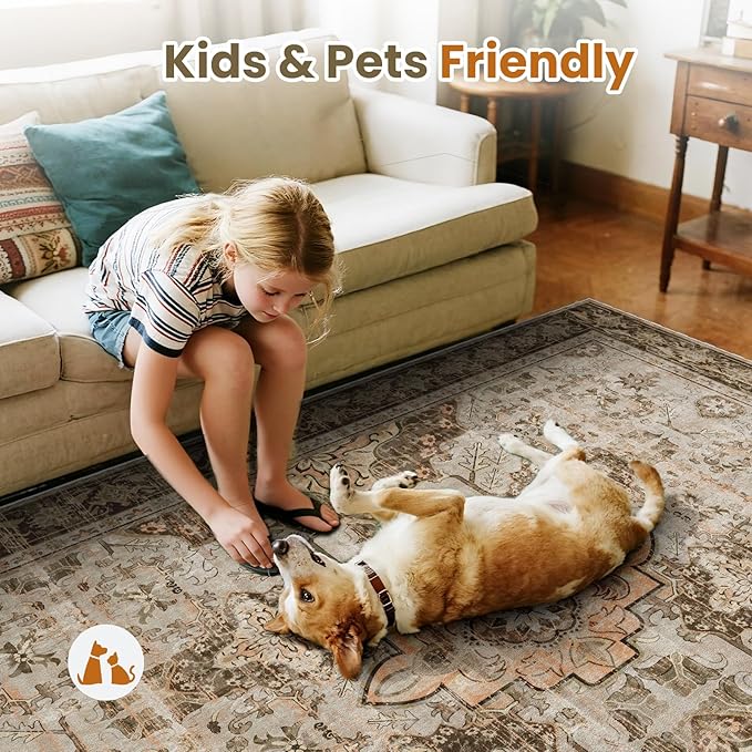 AMTOVO 2x3 Washable Entryway Area Rug Door Mat, Vintage Boho Distressed Print Pattern Non-Slip Carpet, Small Throw Rug for Indoor Entrance Kitchen Bedroom Bathroom Laundry Floor, Light Brown