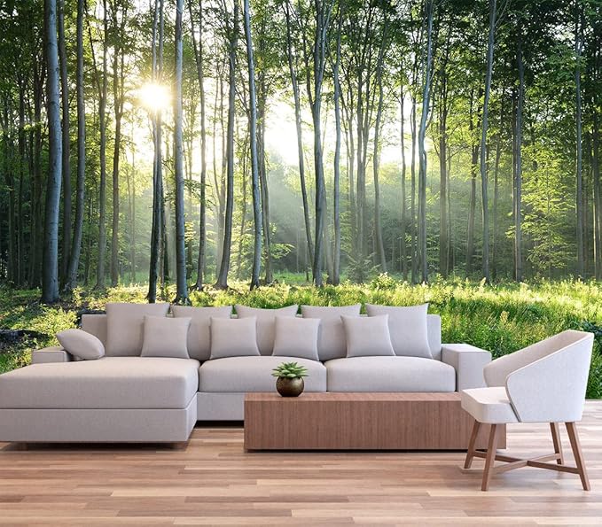 Sunshine Forest Mural Wallpaper Landscape Tree Wallpaper Large Nature Scenery Wall Mural for Living Room (not self-Adhesive)