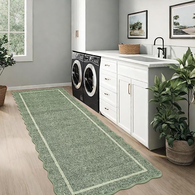 GarveeHome Scalloped Washable Runner Rug 2x8 Runner Modern Non Slip Kitchen Rugs Entryway Rug Farmhouse Soft Bathroom Rugs Stain Resistant Carpet for Hallway Laundry Bedroom 2 ft x8 ft Greyish Green
