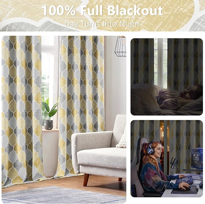 Gray Yellow Full Blackout Curtains 84 Inches Long for Living Room Bedroom Moroccan Geo Print Window Treatments Panels Thermal Insulated Privacy Grommet Top Lined Drapes, 52x84, 2 Panels