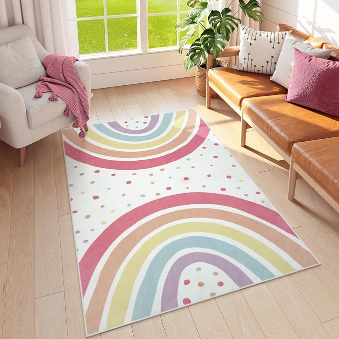 STARUIA Washable Rainbow Rug for Girls Bedroom, Colorful Rug 4x6 Area Rugs for Nursery Kid Room, Non-Slip Soft Polka Dot Carpet Kids Rugs for Classroom Playroom Tent Castle