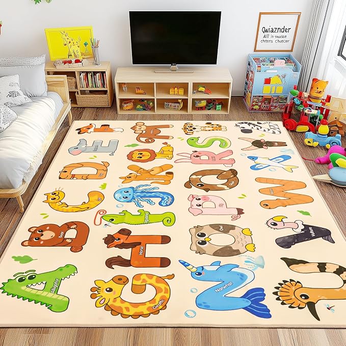Kids Rugs for Playroom, 8x10 Feet Educational Rug for Learn The ABC Alphabet, Soft Machine Washable Non-Slip Cute Animal Carpet for Classroom Toddler Nursery Kids Room Decor Mat, Beige