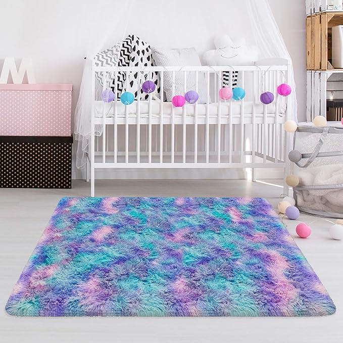 Tie-Dyed Purple Blue Rainbow Kids Rug for Bedroom, 3x5 Fluffy Fuzzy Area Rugs for Girls Room Dorm, Indoor Shaggy Living Room Carpet, Cute Soft Shag Playing Mat for Baby Nursery Playroom