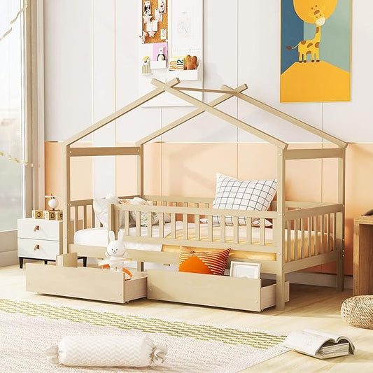 Merax Twin Size Wooden House Bed with Two Drawers, Wood Bed Frame with Roof and Safety Guardrail for Kids, Teens, Boys or Girls, Natural