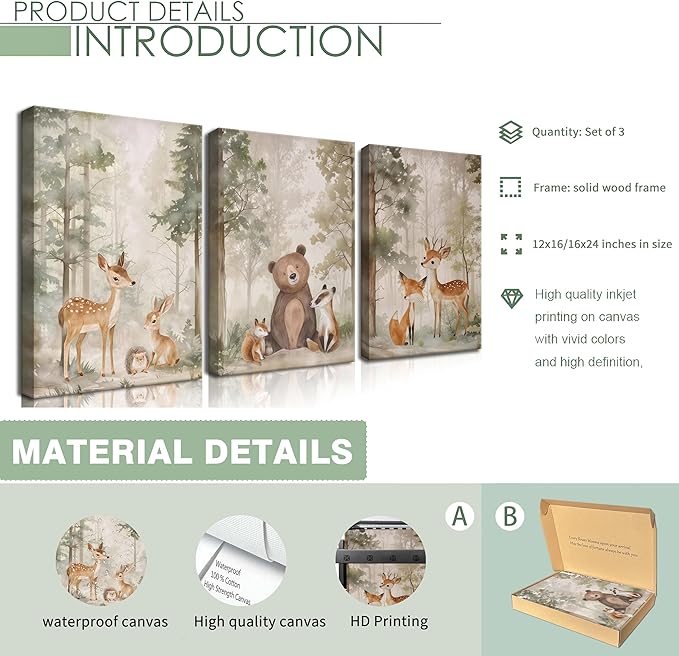 Nursery Canvas Wall Art Set of 3 - Woodland Wild Animals Bear Fox Deer Watercolor Paintings Pictures Wall Decor, Forest Animal Decor for Boys Girls Room Decoration 16x24 inch Framed