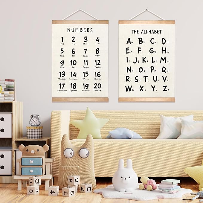 Kids Alphabet and Numbers Educational Chart Set of 2 for Classroom Decor,Colorful Educational Poster for Toddlers 1-3,Toddler Learning Poster for Kids Ages 3-5 for Nursery Playroom,Classroom Must Haves (Black Font)