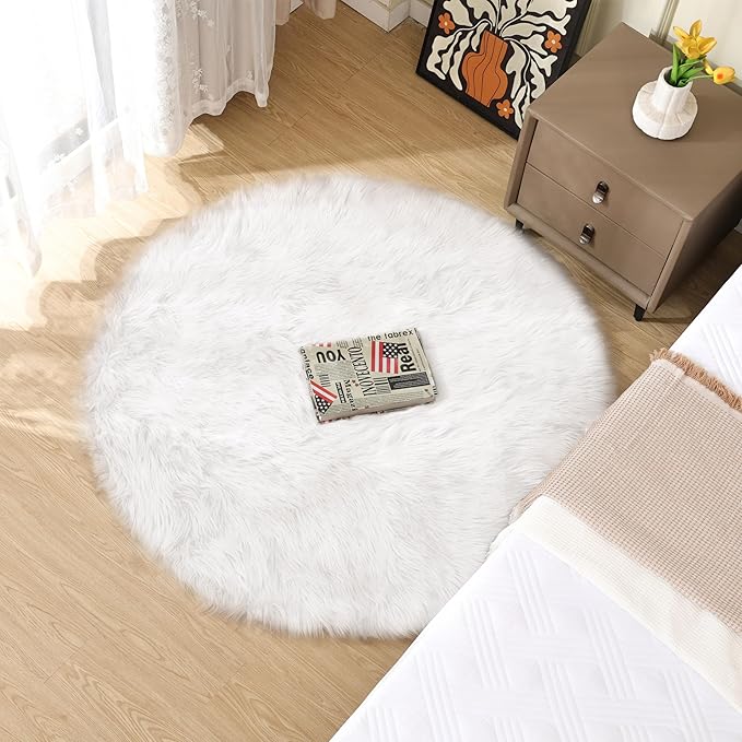 White Fluffy Faux Fur Rugs for Bedroom Sheepskin Machine Washable Shag Area Rugs for Living Room Small Circle Boho Round Rug 3ft