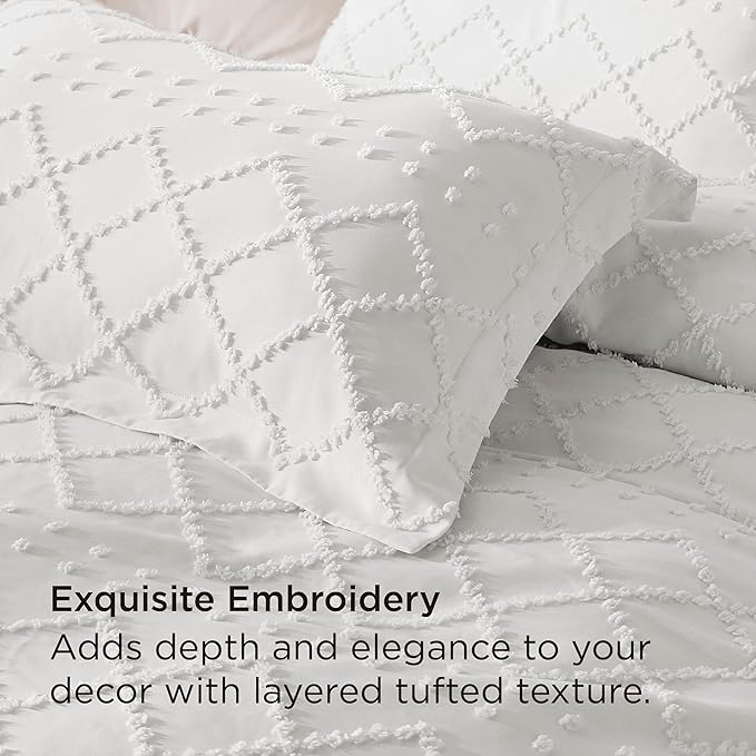 Bedsure Boho Duvet Cover King Size - Boho Bedding, Tufted King Duvet Cover for All Seasons, 3 Pieces Embroidery Shabby Chic Home Bedding,Comforter Not Included (White, 104" x 90")