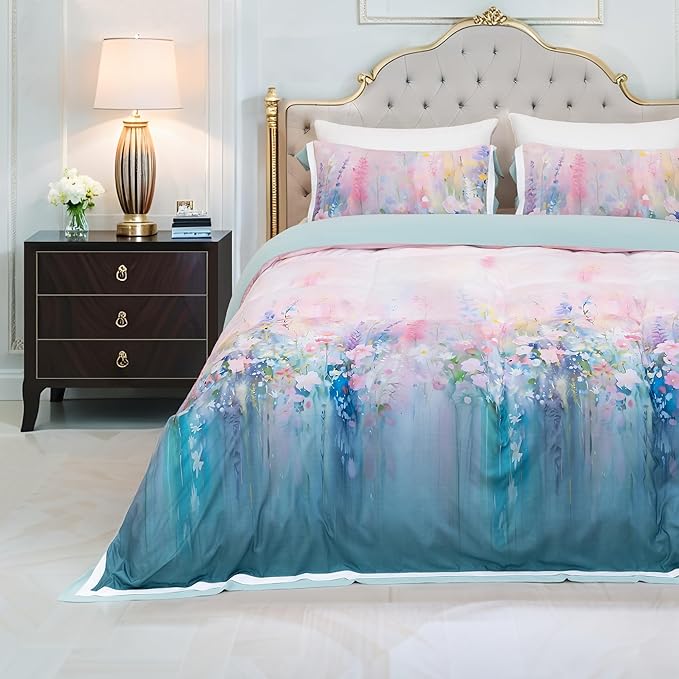 MAGRACE Watercolor Printed Duvet Cover Set Queen Size - Impressionist Floral Bedding in Washed Fiber – Pastel Ombre Garden Print with Corner Ties & Zipper – Soft and Artistic