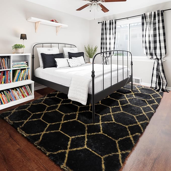 ONASAR 7x9 Area Rugs for Living Room Bedroom, Washable Large Boho Fluffy Black and Gold Throw Rug, Geometric Soft Plush Shaggy Floor Carpet for Nursery Kids Girls Boys Teen Dorm Home Decor Aesthetic